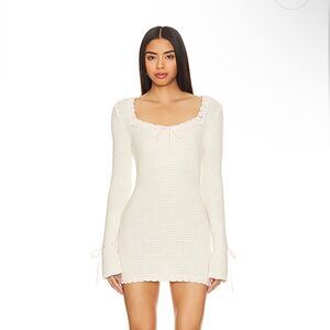 For Love & Lemons Olina mini dress Cream crochet ribbon trim baby doll NWT XS
